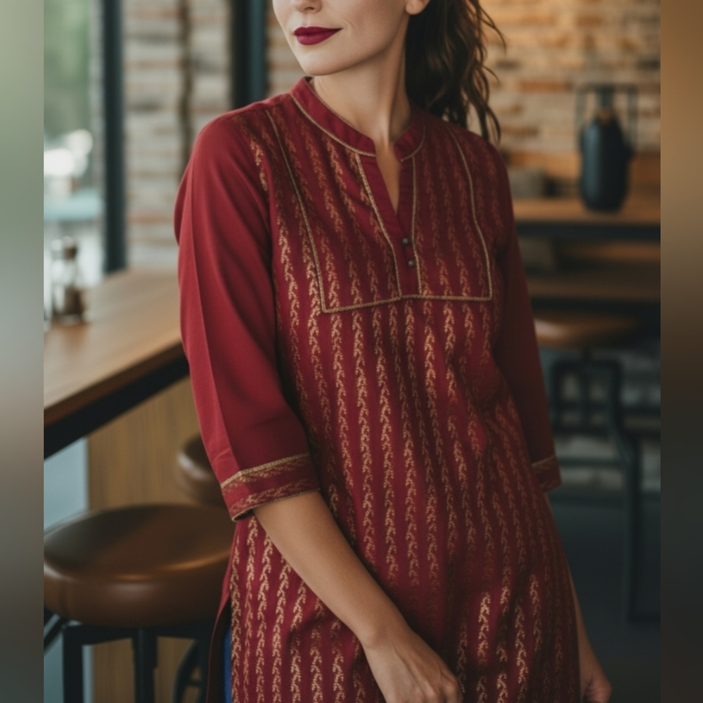 BIBA Red/Gold Embroidery Silky Boho Tunic GlobalSmall Festive Party Streetwear